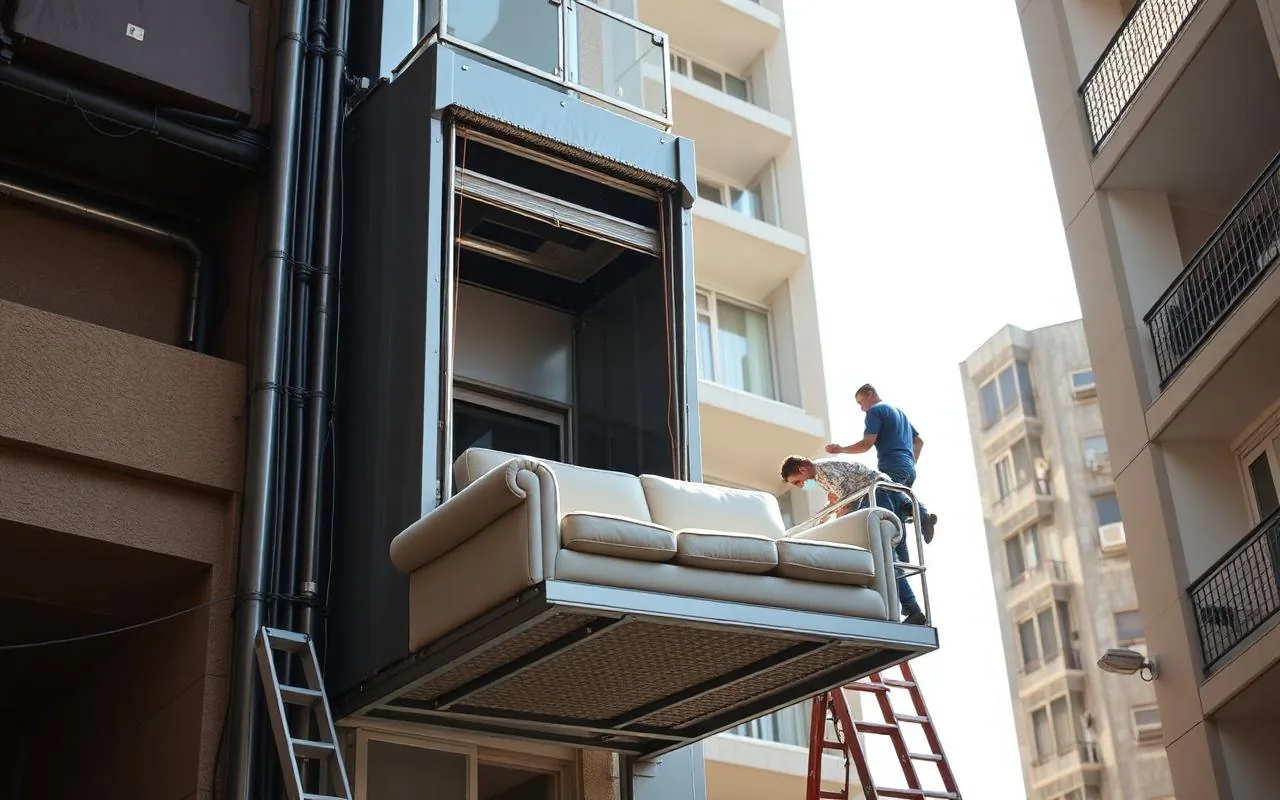Asansörlü nakliyat aracı yüksek apartmandan koltuk indirirken