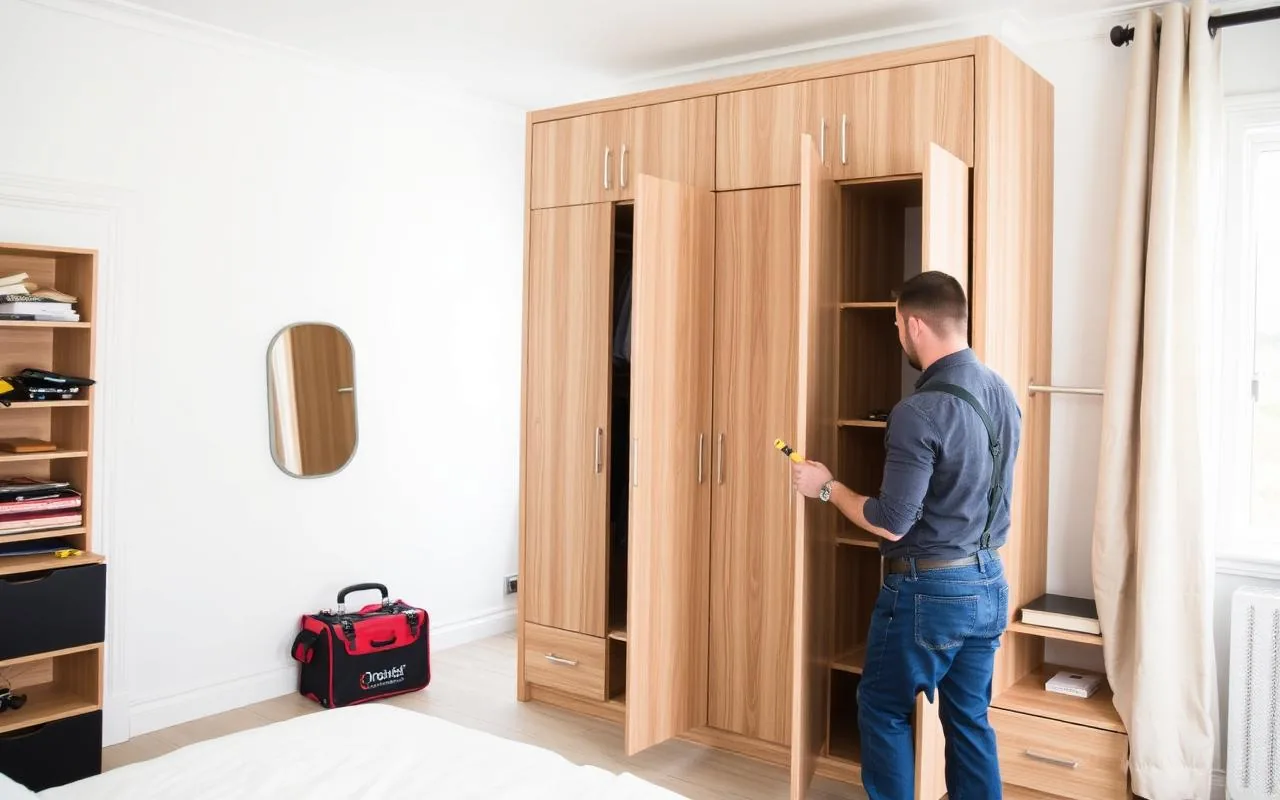Profesyonel usta yatak odası gardırobunu monte ederken