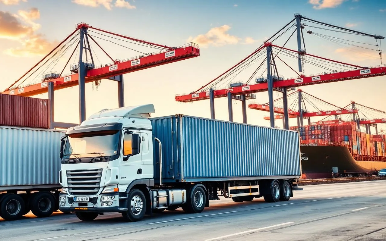 Liman ve vinçlerle uluslararası nakliyat konteyner kamyonu